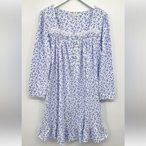 New Eileen West Blue & White Floral Long Sleeve Cotton Lace Jersey Nightgown 3X